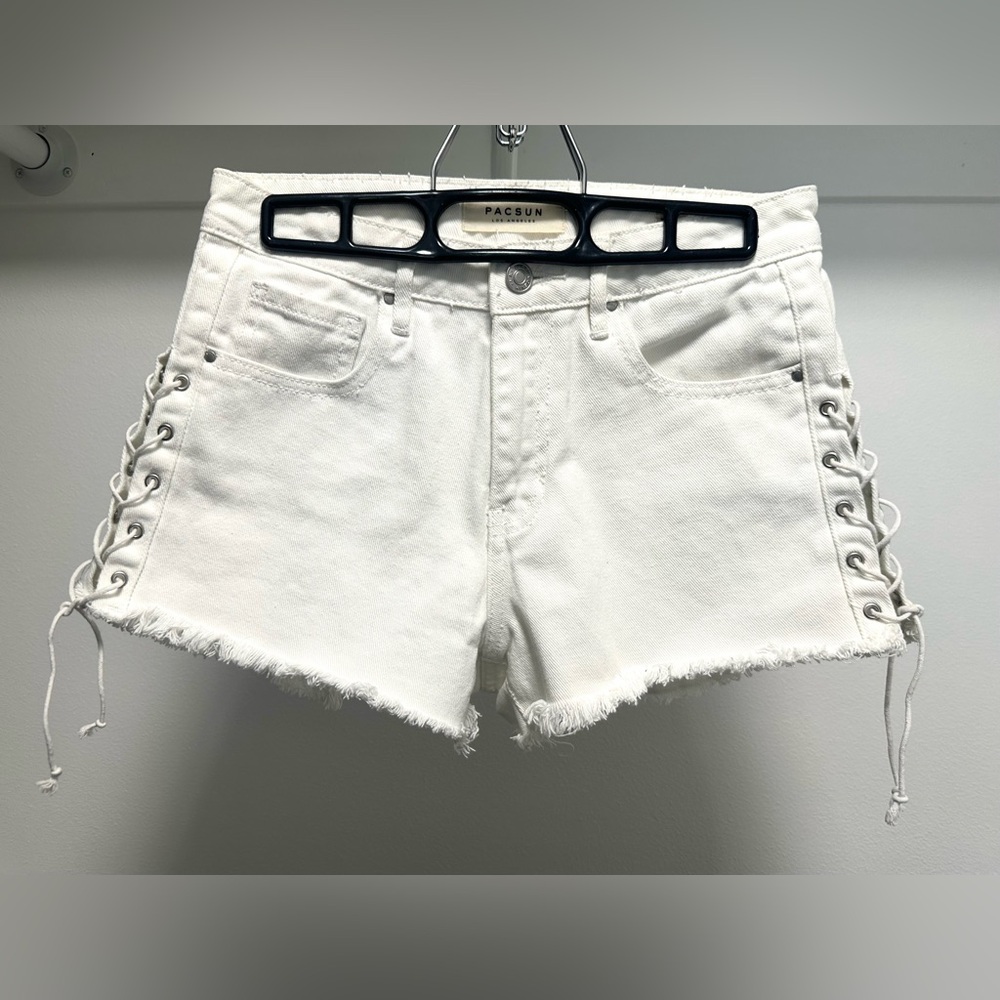 PacSun White Jean Shorts with Frayed Hem and Lace-Up Sides